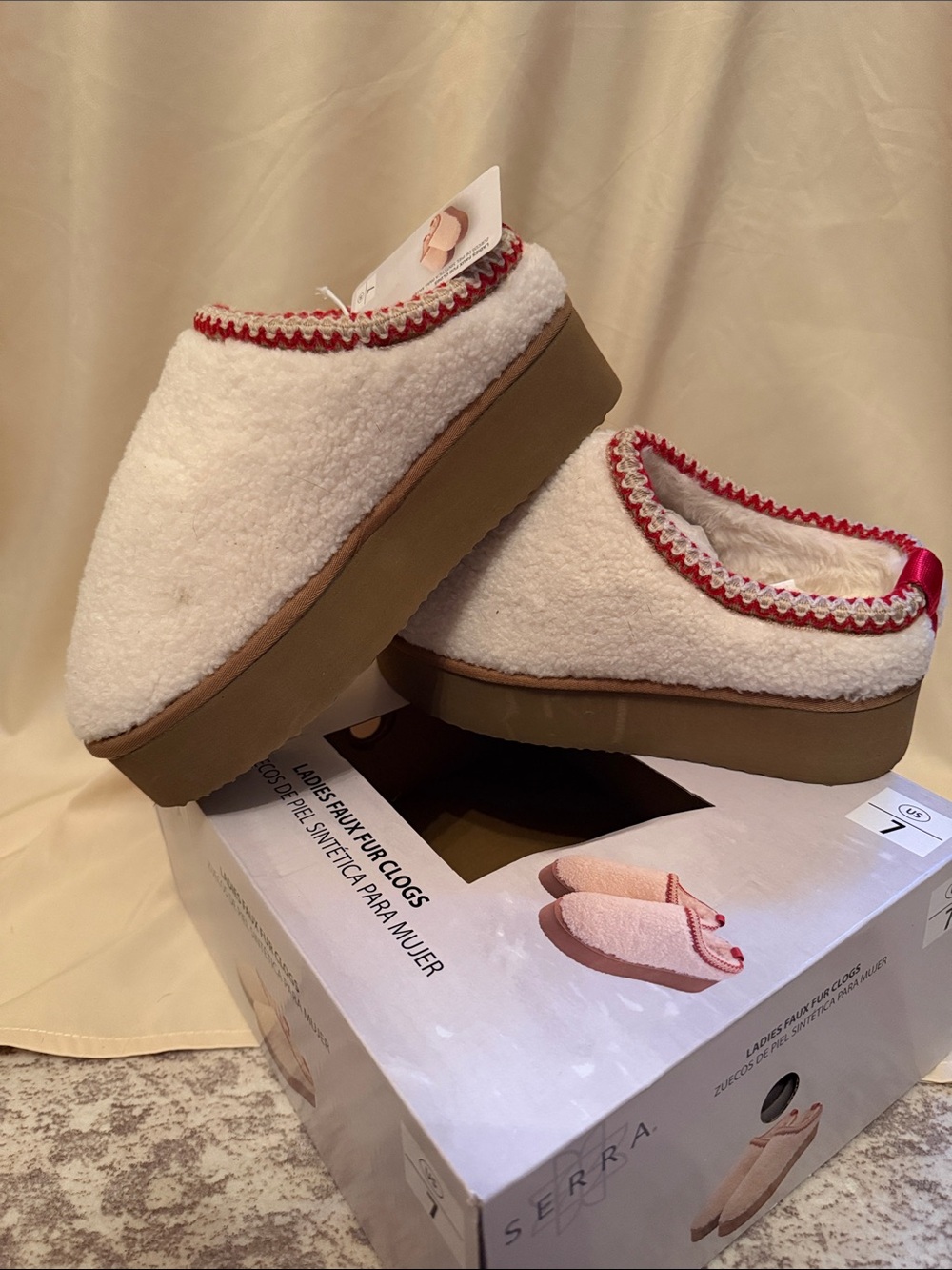 Serra Cream Faux-Fur Clogs with Red Trim